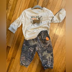2 Piece Carhartt Baby 6 month long sleeve buck shirt & fleece camp pants set
